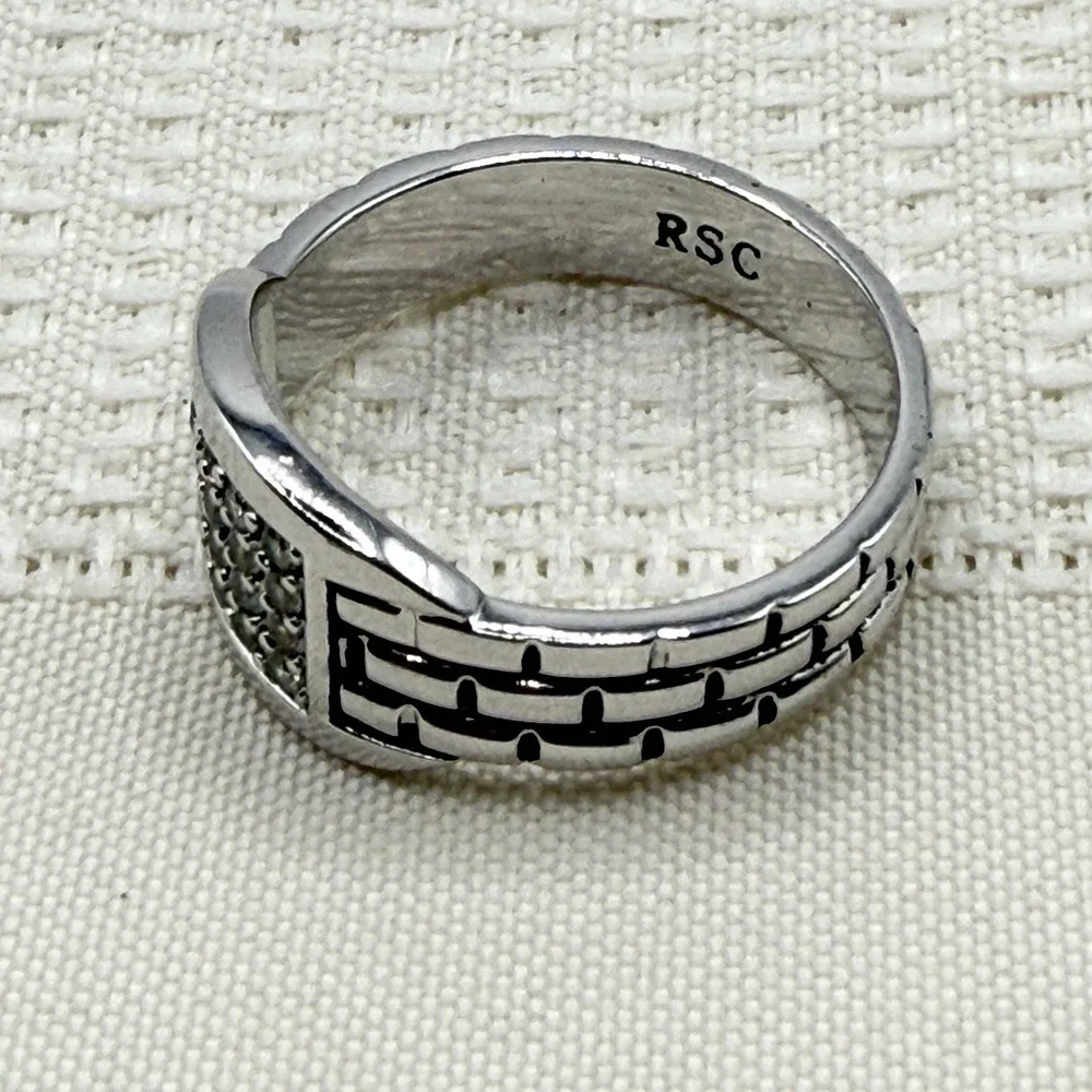 Men's RSC Cigar Band Ring Silver Tone 4 Row CZ Stones Brick Texture Size 11.75
